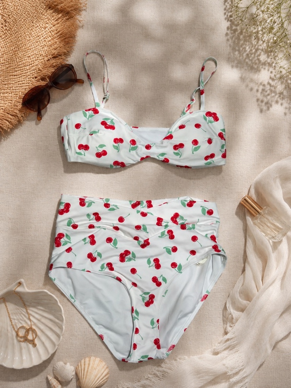 Aerie Cherry Print High-Waisted Bikini Top L Bottom M
